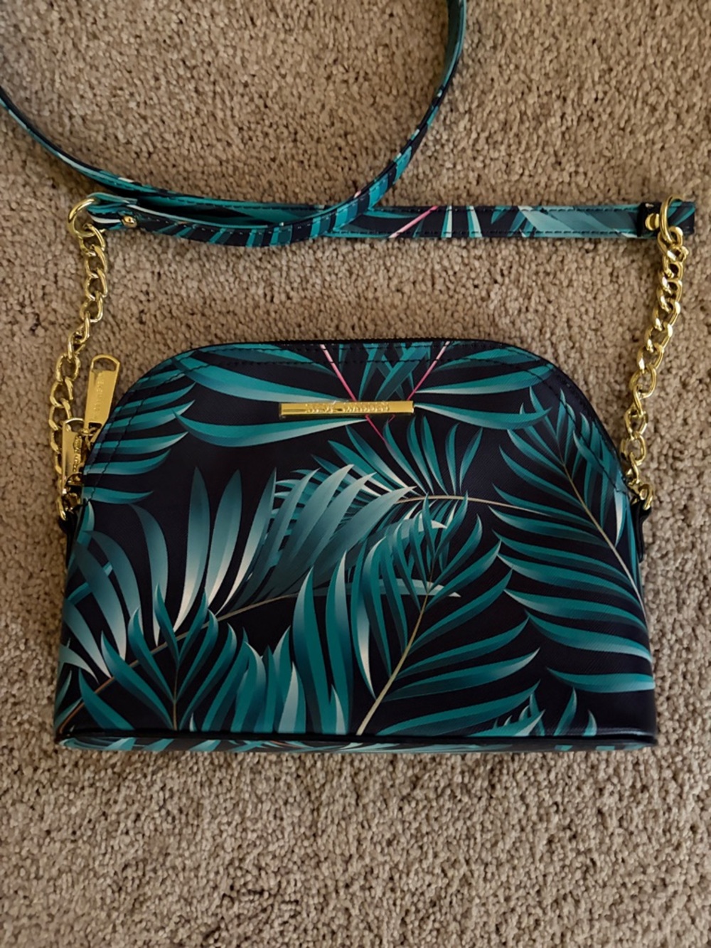 Steve Madden Teal Palm-Print Crossbody Bag with Gold Chain nwot